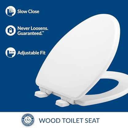 Mayfair Linden Slow Close Toilet Seat, Non Slip Heavy Duty Wood, Easy Install, Elongated, White