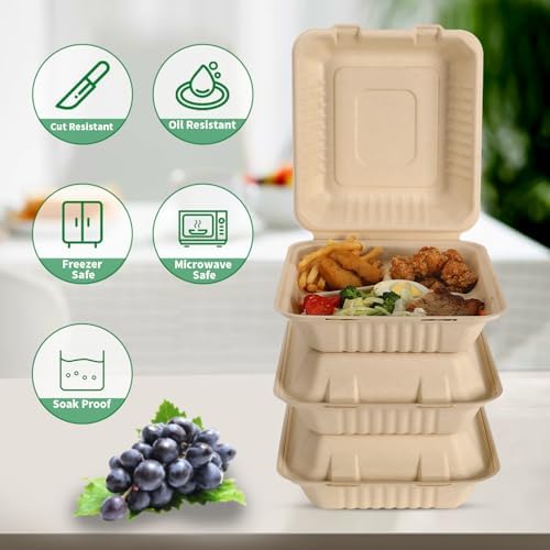 Aricsen 100 Pack 3 Compartment Compostable 8x9 Inch Takeout Lunch Box Containers with Lid To Go Take Out Clamshell for Food, Disposable Eco-Friendly Biodegradable Bagasse, PFAS-Free, Brown