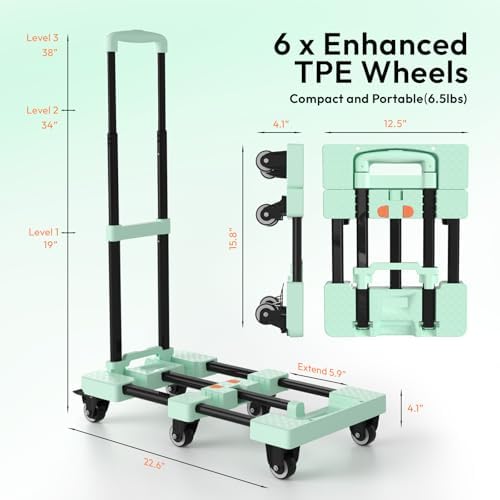Folding Hand Truck 600lbs, Portable Heavy Duty Dolly Cart, 6 Wheels Collapsible Luggage Cart with 2 Elastic Ropes - Compact Trolley Cart for Easy Moving - Ideal Hand Cart for Travel and More
