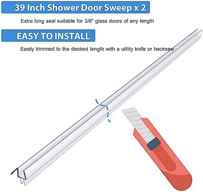 2-Pack Butecare Frameless Shower Door Bottom Seal for Glass Doors – Stop Shower Leaks and Create a Water Barrier (3/8” x 39”)