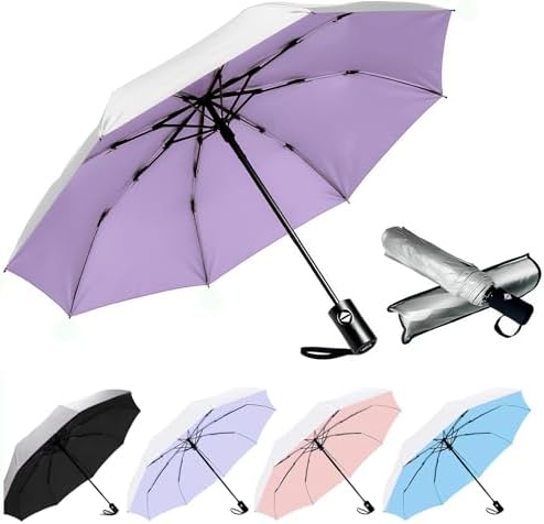 SIEPASA UV Protection Travel Compact Umbrella-Automatic Umbrellas for Rain-Small Portable Windproof Umbrellas for Men Women Teenages. (Silver/Purple)