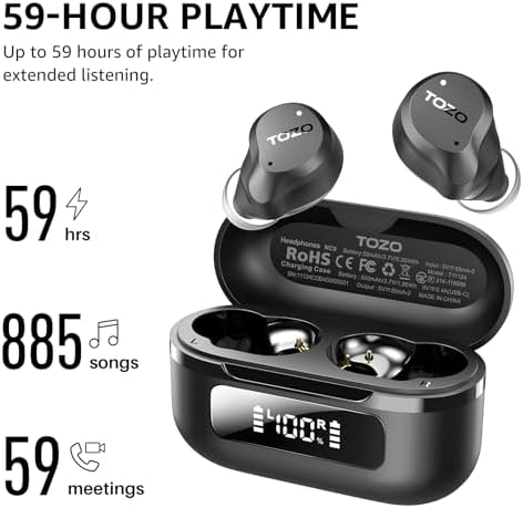 TOZO NC9 Hybrid Active Noise Cancelling Wireless Earbuds, 6 Mics ENC Clear Call, IPX8 Waterproof, in Ear Bluetooth 5.3 Headphones Stereo Bass Ear Buds 59H Playtime with LED Display 32 EQs via APP