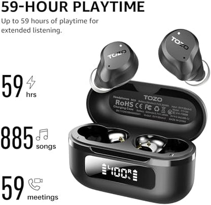 TOZO NC9 Hybrid Active Noise Cancelling Wireless Earbuds, 6 Mics ENC Clear Call, IPX8 Waterproof, in Ear Bluetooth 5.3 Headphones Stereo Bass Ear Buds 59H Playtime with LED Display 32 EQs via APP