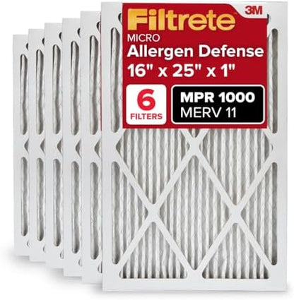 Filtrete 16x25x1 AC Furnace Air Filter, MERV 11, MPR 1000, Micro Allergen Defense, 3-Month Pleated 1-Inch Electrostatic Air Cleaning Filter, 6 Pack (Actual Size 15.69 x 24.69 x 0.81 in)
