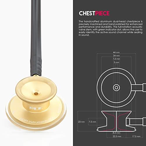 MDF Instruments, Acoustica Lightweight Stethoscope for Doctors, Nurses, Students, Home Health Use, Adult, Dual Head, Black Tube, Gold Chestpiece-Headset, MDF747XPK11