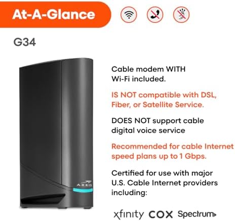 ARRIS (G34) - Cable Modem Router Combo - Fast DOCSIS 3.1 Gigabit WiFi 6 (AX3000), Approved for Comcast Xfinity, Cox, Spectrum & More, 1 Gbps Max Internet Speeds