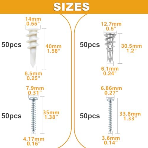 KURUI Self Drilling Drywall Anchors Assortment Kit, 200PCs Picture Hanging Kit for Frame,Curtain Rods,Art Hanging, 100PCs #6 Heavy Duty Metal Dry Wall Anchors 100PCs #8 Plastic Drywall Hangers