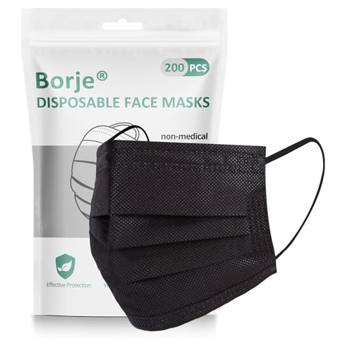 Borje 200 PCS Black Disposable Face Mask 3 Ply Protection Face Masks