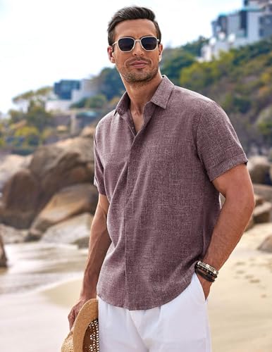 COOFANDY Men's Linen Shirts Short Sleeve Casual Shirts Button Down Shirt for Men Beach Summer Wedding Shirt