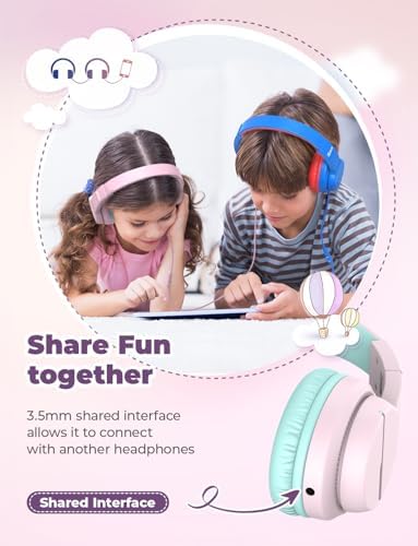 iClever HS19 Kids Headphones with Microphone for School, Safe Volume Limited, Over-Ear Girls Boys Headphones for Kids with Shareport, Foldable Wired for iPad/Travel (Pink)