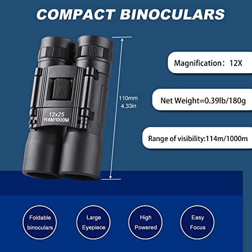12x25 Compact Binoculars, High Powered Easy Focus Binoculars, Portable Large Eyepiece Binocular for Adults Kids Bird Watching,Opera Concert, Travel, Hiking, Outdoor Scenery, Football Game
