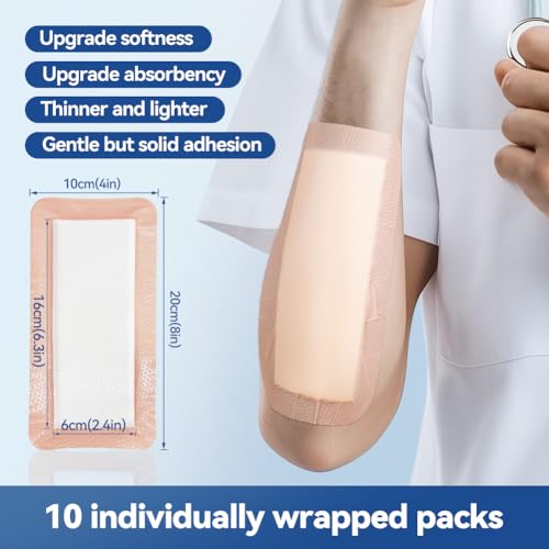 Dimora Silicone Ultra Absorbent Dressing Pads - Adhesive Wound Bandage with Gentle Border, Waterproof Soft Gauze for Post Surgical and Bed Sore Exudate Management 4"X 8" 10 Packs