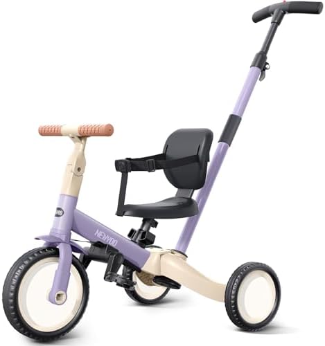 newyoo Toddler Tricycle with Push Handle for 1-3 Year Old, Toddler Bike, Birthday Toy for Boys and Girls, 5 in 1 Kids Trike, Balance Bike with Backrest and Safety Belt, Purple, TR007