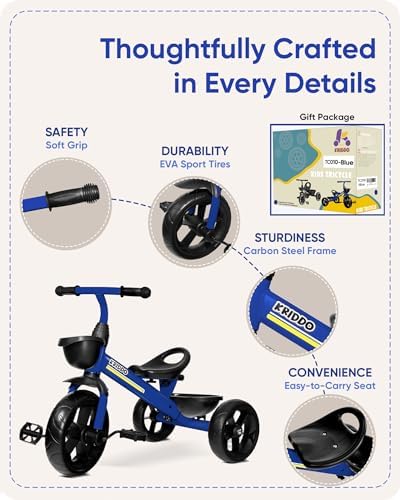 KRIDDO Kids Tricycles Age 24 Month to 4 Years, Toddler Kids Trike for 2.5 to 5 Year Old, Gift Toddler Tricycles for 2-4 Year Olds, Trikes for Toddlers, Sporty Styling, Blue