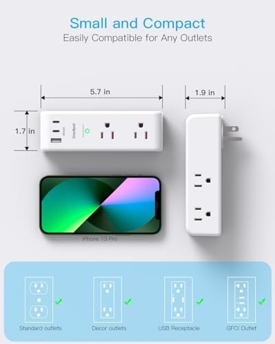 Surge Protector Outlet Extender with Rotating Plug, 6 AC Multi Plug Outlet with 3 USB Ports (2 USB C), 1800 Joules, 3-Sided Swivel Power Strip with Spaced Outlet Splitter for Home, Office, Dorm, White