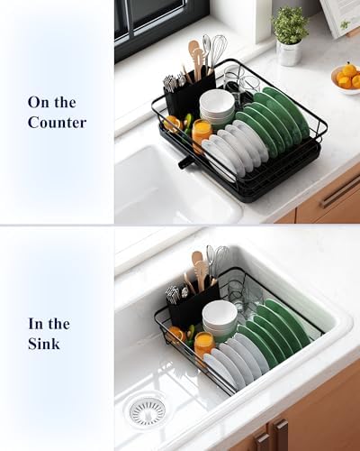 Kitsure Dish Drying Rack for Kitchen Counter, Stainless Steel Sink Organization and Storage Essentials with Cutlery Holder, Home and Appartment Decor, 12''W x 15.5''L, Black