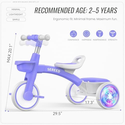 SEREED Colorful Lighting Toddler Tricycle for 2-5 Years Old Boys Girls, Adjustable Seat&Handlebar Trike, Removable Basket, Birthday Gift Idea for Kids Ages 2+ (Purple)