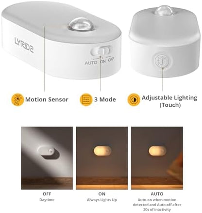 Lyridz Rechargeable Battery Night Light with Motion Sensor, Portable Mini Warm White LED Stick-on Closet Light, Adjustable Brightness for Bathroom, Bedroom, Kitchen, Cabinet, Stairs, Hallway, 2-Pack