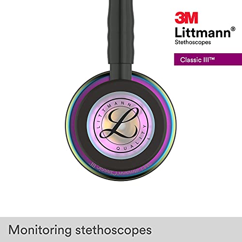 3M Littmann Classic III Monitoring Stethoscope, 5870, More Than 2X as Loud, Weighs Less, Stainless Steel Rainbow-Finish Chestpiece, 27" Black Tube, Stem and Headset