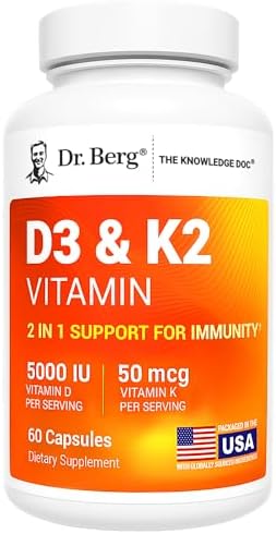 Dr. Berg Maximum Strength 7-in-1 Vitamin D3 K2 5000 IU | Naturally Derived D3 | 4X Lab-Tested & Verified | High Absorption Formula | K2 D3 Vitamin Supplement - 60 Capsules