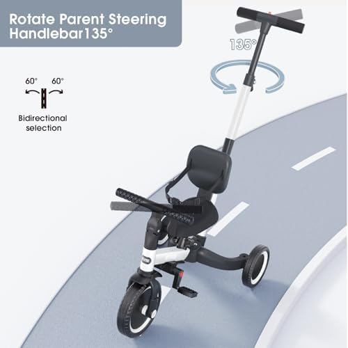newyoo Toddler Bike, 4 in 1 Tricycles for 1,2,3 Year Olds, Balance Bike, Birthday Gift and Toy for Boys and Girls, Kids Tricycle with Parent Steering Push Handle, Removable Pedals, White, TR007