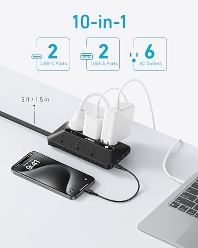 Anker Flat Plug Power Strip 300J with USB Ports, 10-in-1 Ultra Thin Power Strip with 6 AC, 2 USB-A and 2 USB-C Ports,5feet Extension Cord, Desk Charging Station,Home Office College Dorm