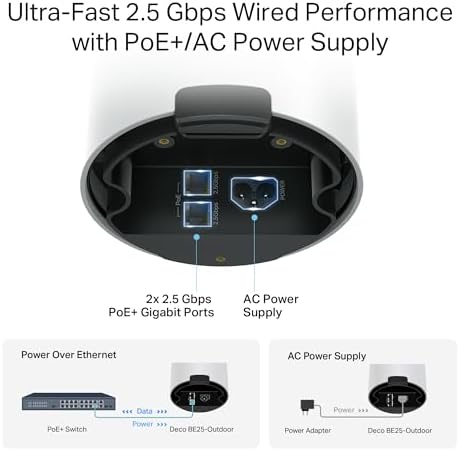 TP-Link Deco BE25-Outdoor BE5000 Dual-Band Wi-Fi 7 Outdoor Mesh WiFi Extender Unit | Up to 2,800 sq.ft | 2 * 2.5G PoE+ Ports, IP65 Waterproof, MLO| Multiple Mounting Options| Secure by Design, 1-Pack