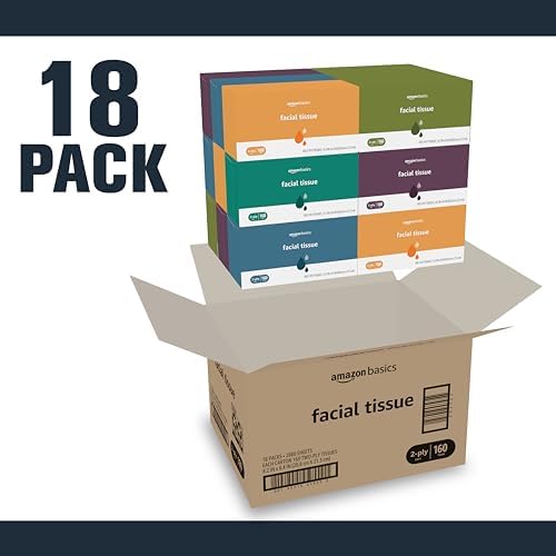 Amazon Basics Facial Tissue, 2-Ply, 2880 Count (18 Packs of 160), (Packaging May Vary)