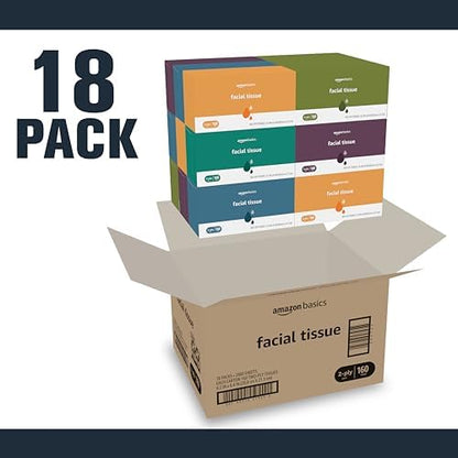 Amazon Basics Facial Tissue, 2-Ply, 2880 Count (18 Packs of 160), (Packaging May Vary)