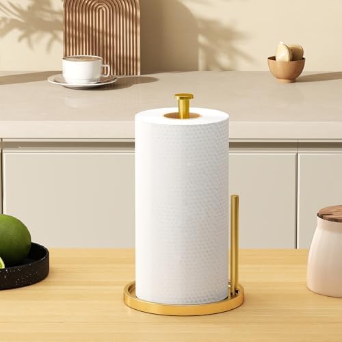 Paper Towel Holder Countertop, Standing Paper Roll Holder with Anti Slip Weighted Base, Stainless Steel Freestanding Paper Towel Holder for Kitchen, Gold