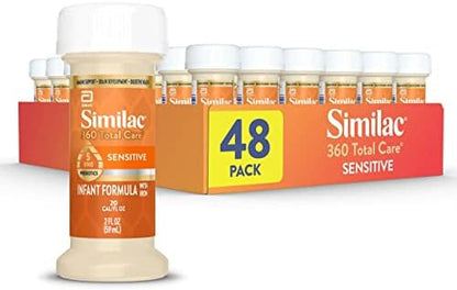 Similac 360 Total Care Sensitive Infant Formula for Fussiness & Gas Due to Lactose Sensitivity, Has 5 HMO Prebiotics, Non-GMO, Baby Formula, Ready to Feed, 2-fl-oz Bottle, Pack of 48