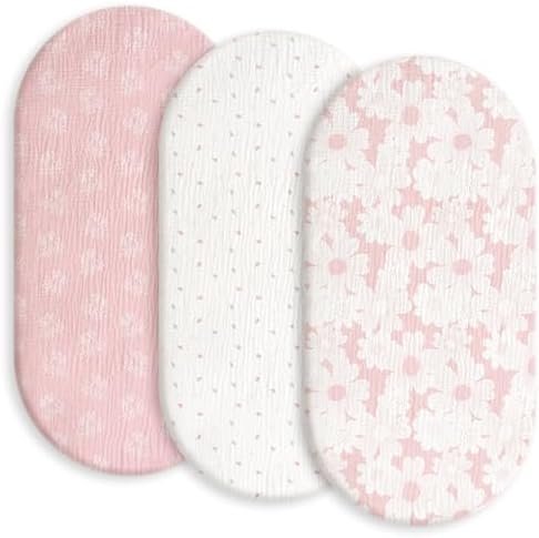 Gllquen Baby Muslin Bassinet Sheets 3 Pack, Breathable Elastic Cozy Fitted Cotton Bassinet Mattress Sheet for Baby Boy Girls, Fit for Hourglass Oval Rectangular Cradle Pad Sheets 33"x17" (Pink)