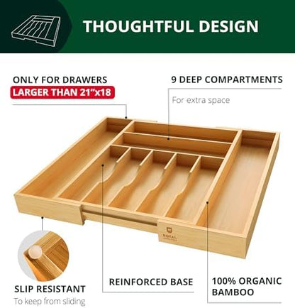 ROYAL CRAFT WOOD Luxury Bamboo Kitchen Drawer Organizer - Silverware Organizer, Utensil Holder & Cutlery Tray Drawer Dividers for Flatware (9 Slot, Natural)