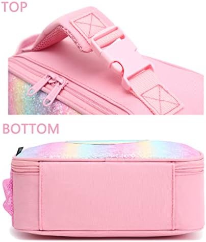 FlowFly Kids Lunch box Insulated Soft Bag Mini Cooler Back to School Thermal Meal Tote Kit for Girls, Boys, Glitter-RainBow
