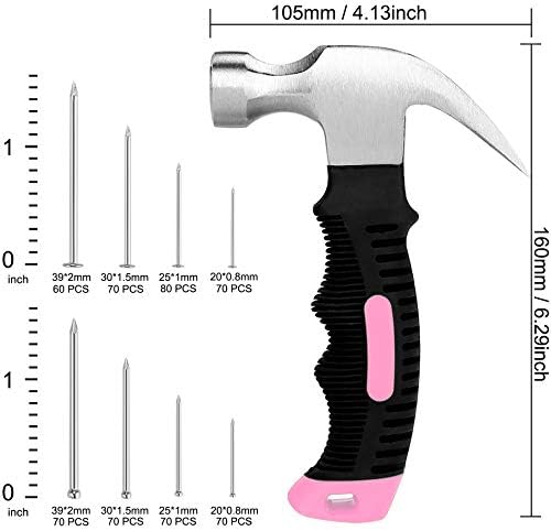 KURUI 700PCs Small Nails for Hanging Pictures & 8oz Small Hammer for Women, Pink Tool for Hanging Canvas Wall Art/Tapestry/Frame, Hardware Nails Assortment Kit for Living Room/Bedroom/Outdoor Decor