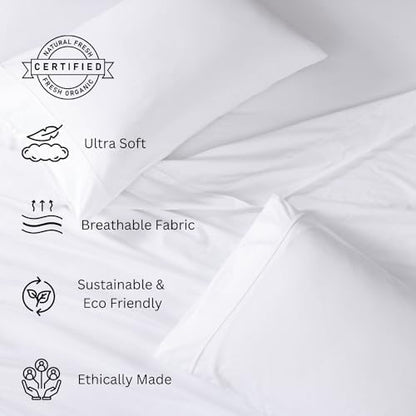 LANE LINEN Eco Friendly 100% Organic Cotton Queen Sheet Set, Soft & Comfy Fully Elasticized 15" Deep Pocket Bed Sheets, Low Pill Naturally Cooling Machine Wash Sábanas Queen- White Bed Sheets