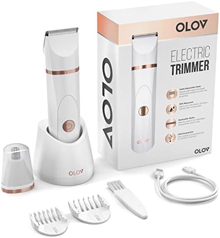 OLOV Electric Body Hair Trimmer - Groin Trimmer for Men - Bikini Trimmer Women - Wet/Dry Shaver Groomer, Replaceable Ceramic Blade Heads, USB Recharge Dock, Waterproof Hygiene Razor, White
