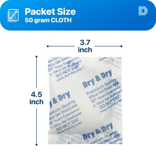 Dry & Dry 50 Gram [100 Packets] Silica Gel Packets Desiccants, Silica Packets - Rechargeable Silica Gel Packs, Desiccants Packets, Silica Gel