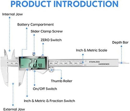 Digital Caliper, 6 Inch Caliper Tool with Extra Large LCD Screen, Auto-Off Feature, Easy Switch from Inch Metric Fraction, Stainless Steel Vernier Caliper Measuring Tool for DIY/Household