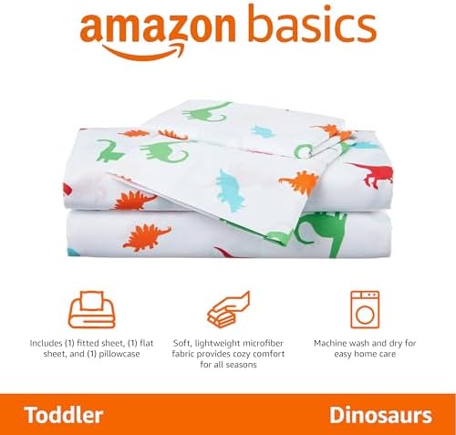 Amazon Basics Kid's Soft Easy-Wash Lightweight Microfiber 3-Piece Sheet Set, Toddler, Multi Color, Dinosaurs