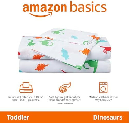 Amazon Basics Kid's Soft Easy-Wash Lightweight Microfiber 3-Piece Sheet Set, Toddler, Multi Color, Dinosaurs