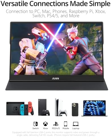 MNN Portable Monitor 15.6inch FHD 1080P USB C HDMI Gaming Ultra-Slim IPS Display w/Smart Cover & Speakers,HDR Plug&Play, External Monitor for Laptop PC Phone Mac (15.6'' 1080P)