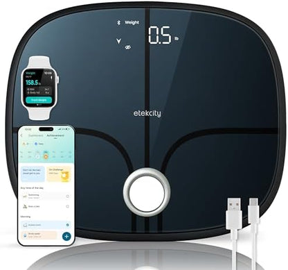 Etekcity Smart Rechargeable Scale for Body Weight, BMI, Fat, Muscle Mass, Digital Bathroom Scale with 13 Metrics, Secret Mode, Bluetooth Connect to Free Apps, Stealth Black