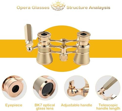 Opera Glasses,3X25 Theater Binoculars with Foldable and Extendable Handle,Mini Binocular Compact Lightweight,Portable Theater Glasses for Adults Kids Women in Musical Concert
