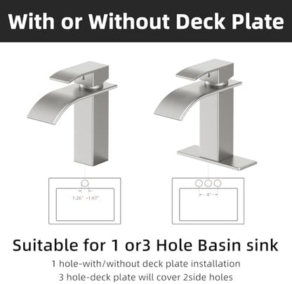 Bathroom Faucet Brushed Nickel Modern Waterfall Bathroom Sink Faucet with Single Handle Suitable for 1 or 3 Holes,Supply Deck Plate and Hose