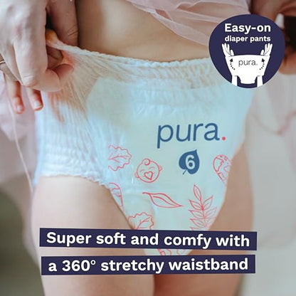 Pura Hypoallergenic Diaper Pants Size 5 (27-38 lbs) Overnight, up to 12 Hours Leak Protection, Suitable for Sensitive Skin, Totally Chlorine Free, Soft Organic Cotton, 3 packs of 19 (57 Pull Up Pants)