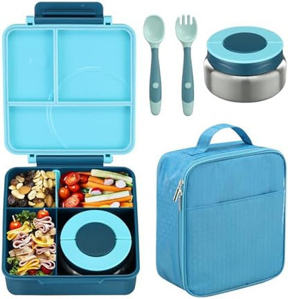 Bento Lunch Box Set for Kids with 8oz Soup Thermo, Leak-Proof Lunch Containers with 4 Compartment, Kids Thermo Hot Food Jar and Insulated Lunch Bag for Kid to School-Blue