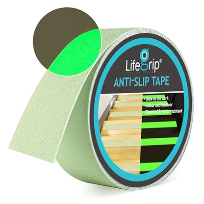 LifeGrip Anti Slip Traction Tape with Glow in Dark Green, 2 Inch x 38 Feet - Best Grip, Friction, Abrasive Adhesive for Stairs, Tread Step, Indoor and Outdoor, Luminous Green (2 inch X 38 feet)