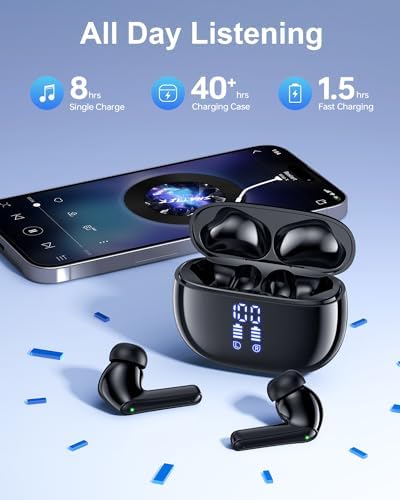 Wireless Earbuds, Bluetooth Ear Buds Headphones, 40H Long Playtime, Stereo Deep Bass, LED Power Display, IPX7, Lightweight in Ear Earphone with Mic for iPhone Android Phone