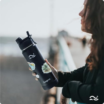 [2-IN-1 LID] Insulated Water Bottle with Silicone Boot (36hrs Cold/18hrs Hot) - DIY Stickers, Leakproof, BPA Free, Black, 24 oz